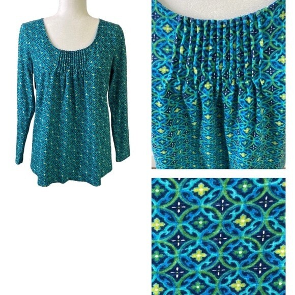 J Jill Pin Tuck Pullover Long Sleeve Top Geometric Print Watercolor Turquoise - Picture 1 of 16